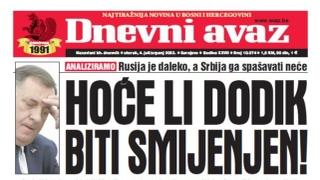 U današnjem "Dnevnom avazu" čitajte: Hoće li Dodik biti smijenjen!