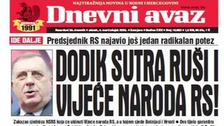 U današnjem "Dnevnom avazu" čitajte o radikalnim potezima Dodika: Sutra ruši i Vijeće naroda RS