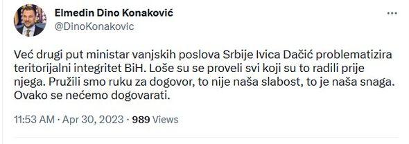 Objava Konakovića na Twitteru  - Avaz