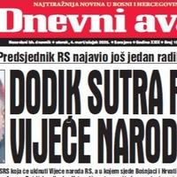 U današnjem "Dnevnom avazu" čitajte o radikalnim potezima Dodika: Sutra ruši i Vijeće naroda RS