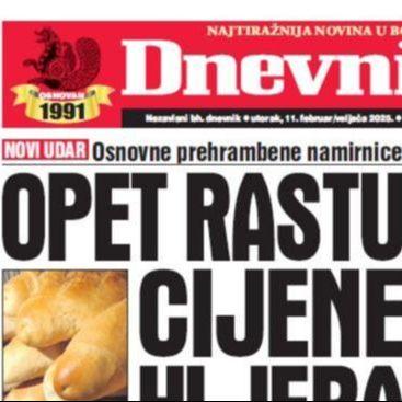 U današnjem "Dnevnom avazu" čitajte o novom udaru na osnovne prehrambene namirnice: Opet rastu cijene hljeba