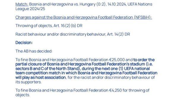 Odluka Disciplinske komisije UEFA-e - Avaz