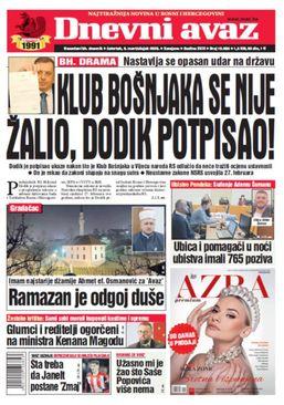 Naslovnica današnjeg "Dnevnog avaza" - Avaz