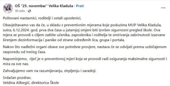 Poruka koju je potpisala direktorica Veldina Alibegić - Avaz