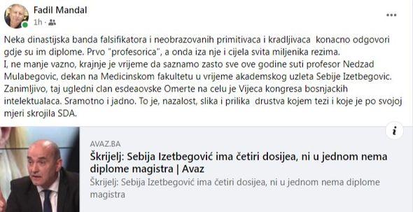 Objava Mandala na Facebooku - Avaz