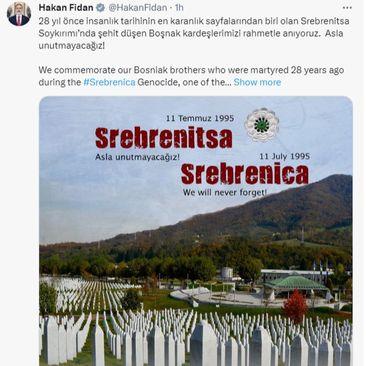 Hakan Fidan uputio podršku povodom obilježavanja 28. godišnjice u Srebrenici - Avaz