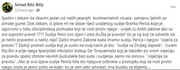 Objava advokata Bilića na Facebooku - Avaz